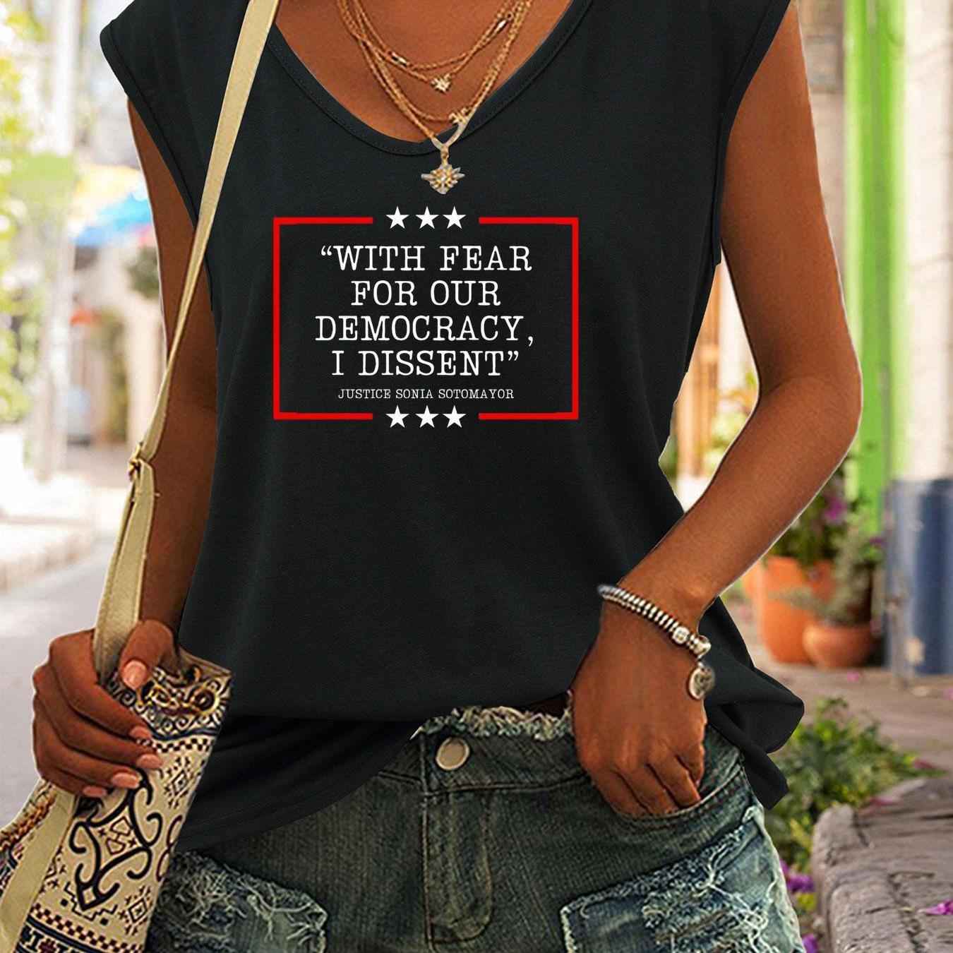 Women's Sleeveless Tank Top with "With Fear for Our Democracy, I Dissent" Protest Shirt In White, Gray & Navy