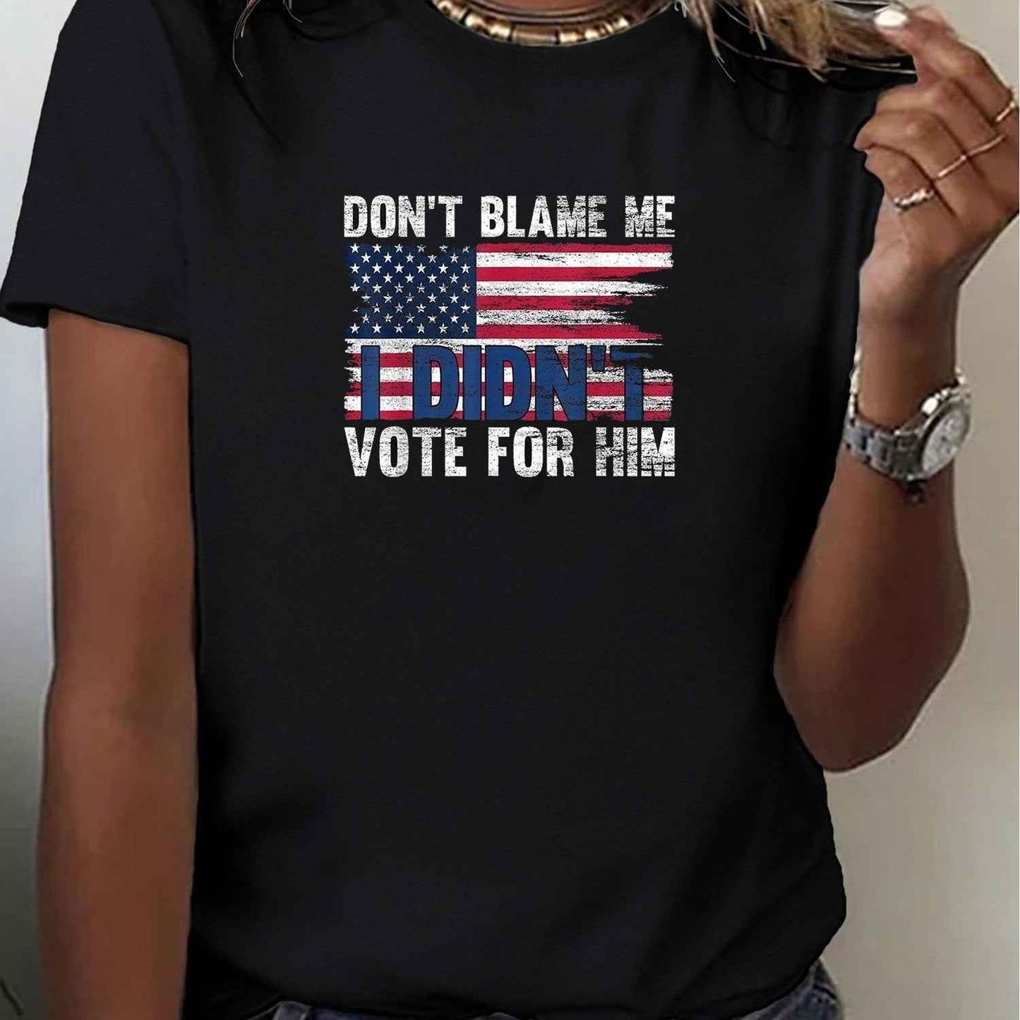 Unisex Black Anti-Trump T-Shirt "Don't Blame Me I Didn't Vote For Him" With American Flag