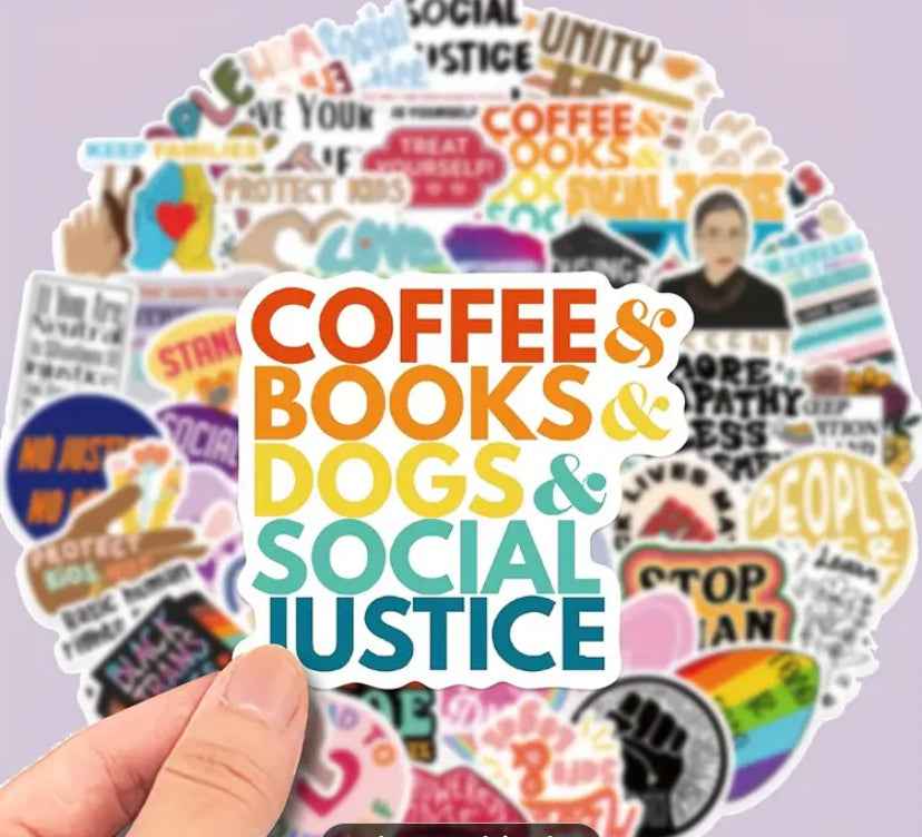 Colorful Sticker Showing Your Favorites! "Coffee & Books & Dogs & Social Justice"