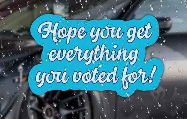 Light Blue Sticker With Festive script Saying "Hope You Get Everything You Voted For!"