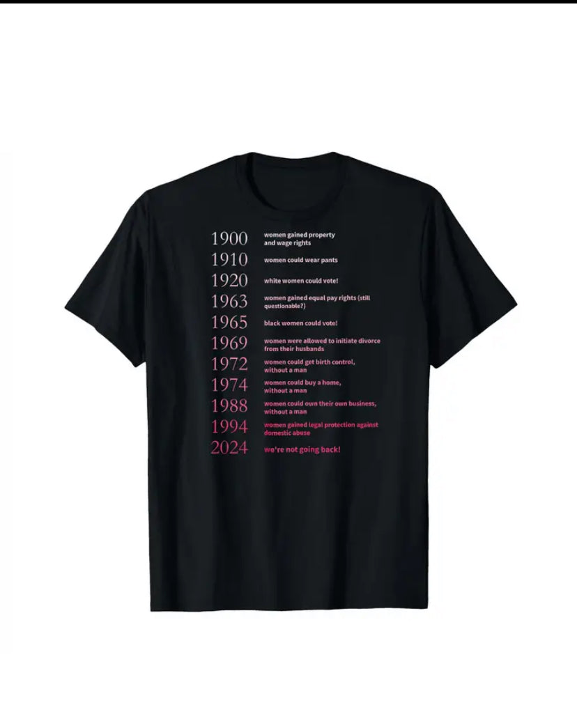 Black t-shirt with text listing women's rights milestones on a white background