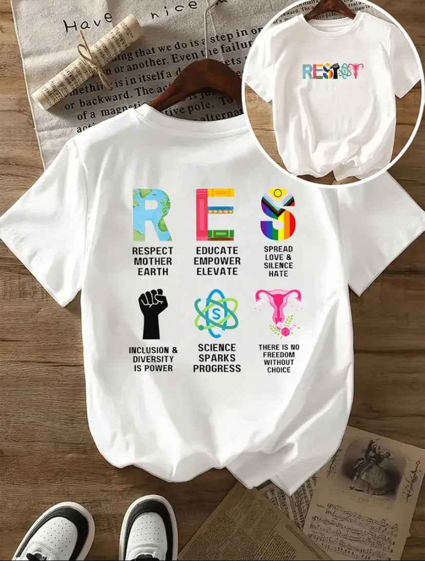 Awesome White Women's T-Shirt with "RESIST" On the Back With Each Letter Representing A Category We Should Support