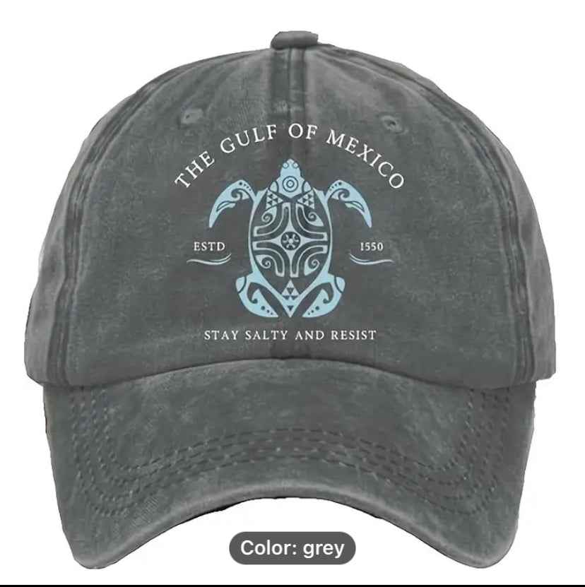 Medium Gray BaseBall Hat with a Turquoise Sea Turtle "The Gulf Of Mexico Established 1550" Stay Salty And Resist