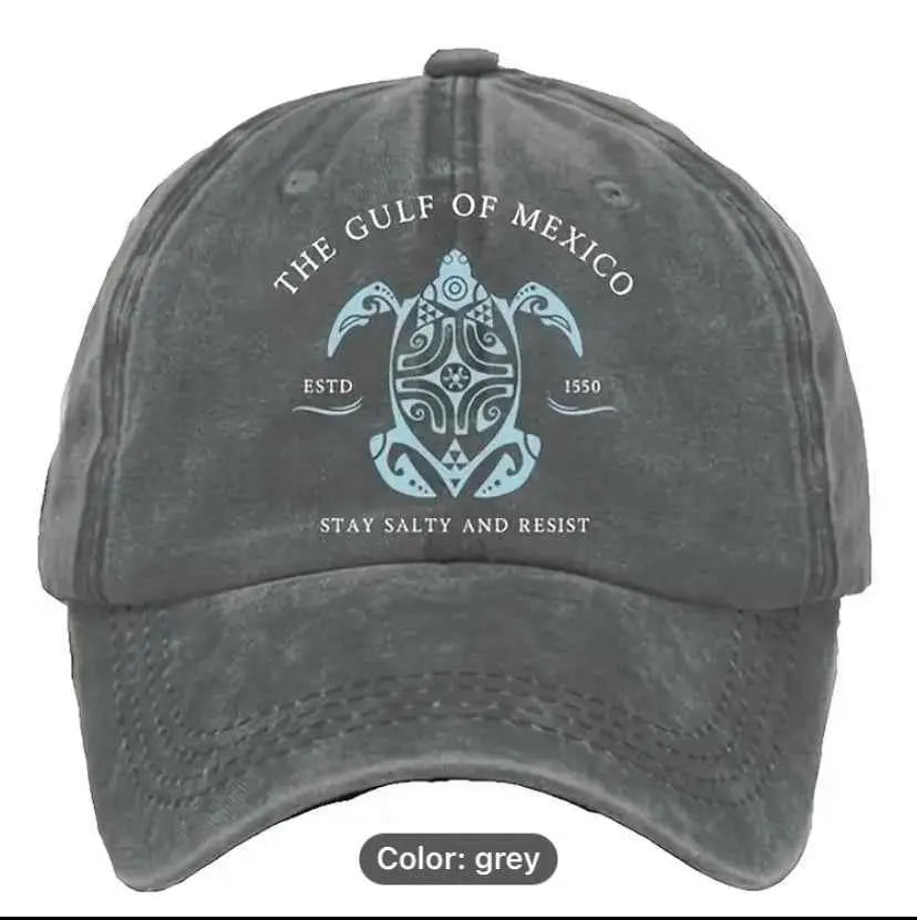 Medium Gray BaseBall Hat with a Turquoise Sea Turtle "The Gulf Of Mexico Established 1550" Stay Salty And Resist - Grab Them By The Midterms