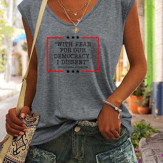 Women's Sleeveless Tank Top with "With Fear for Our Democracy, I Dissent" Protest Shirt In White, Gray & Navy