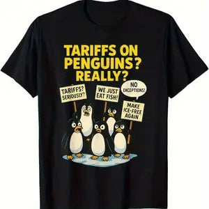 Hysterically Sarcastic Black Unisex T-Shirt "Tariffs on Penguins? Really?" - Grab Them By The Midterms