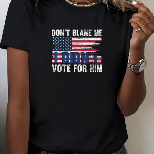 Black t-shirt with American flag graphic and text worn by a person