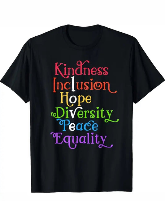 Black Unisex T-Shirt with Multi-Colored Writing "Kindness, Inclusion, Hope, Diversity, Peace, Equality" - Grab Them By The Midterms
