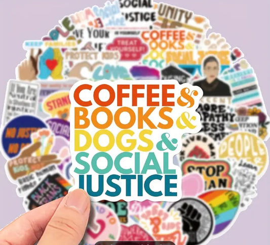Colorful Sticker Showing Your Favorites! "Coffee & Books & Dogs & Social Justice" - Grab Them By The Midterms