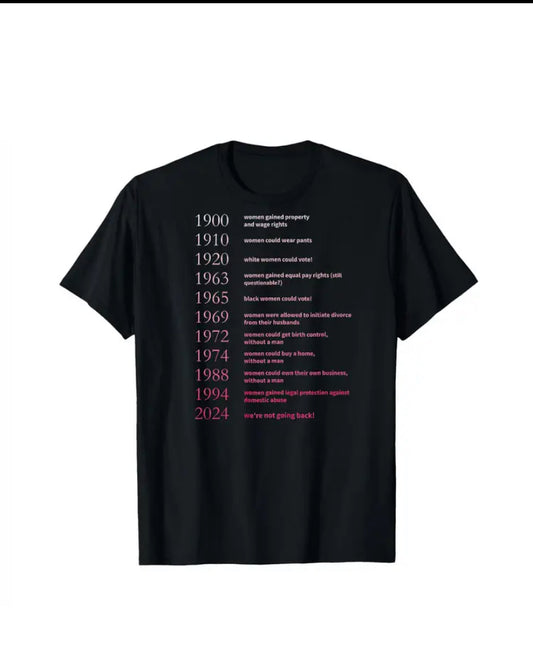 Black t-shirt with text listing women's rights milestones on a white background