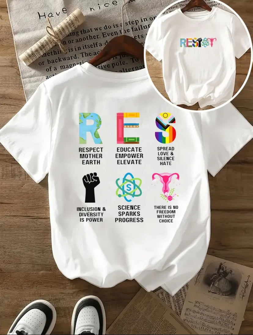 Awesome White Women's T-Shirt with "RESIST" On the Back With Each Letter Representing A Category We Should Support - Grab Them By The Midterms