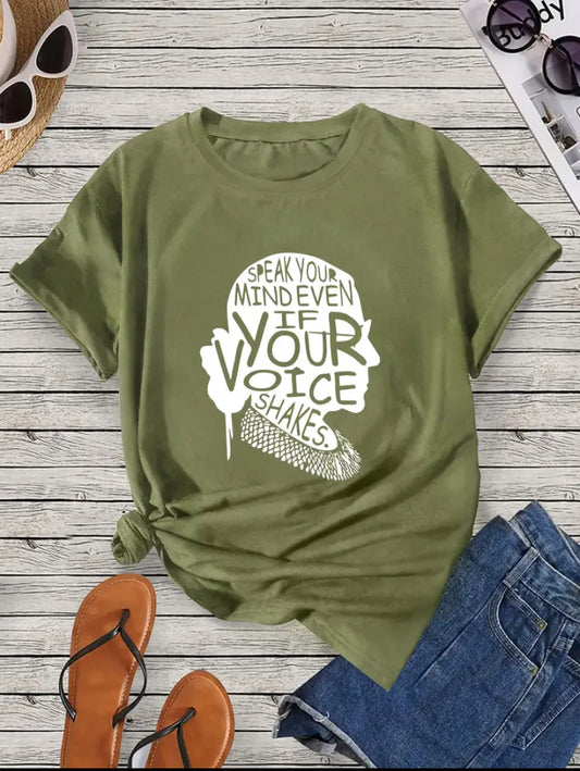 Army Green T-Shirt With Profile of The Notorious RBG Saying "Speak Your Mind Even If Your Voice Shakes" - Grab Them By The Midterms