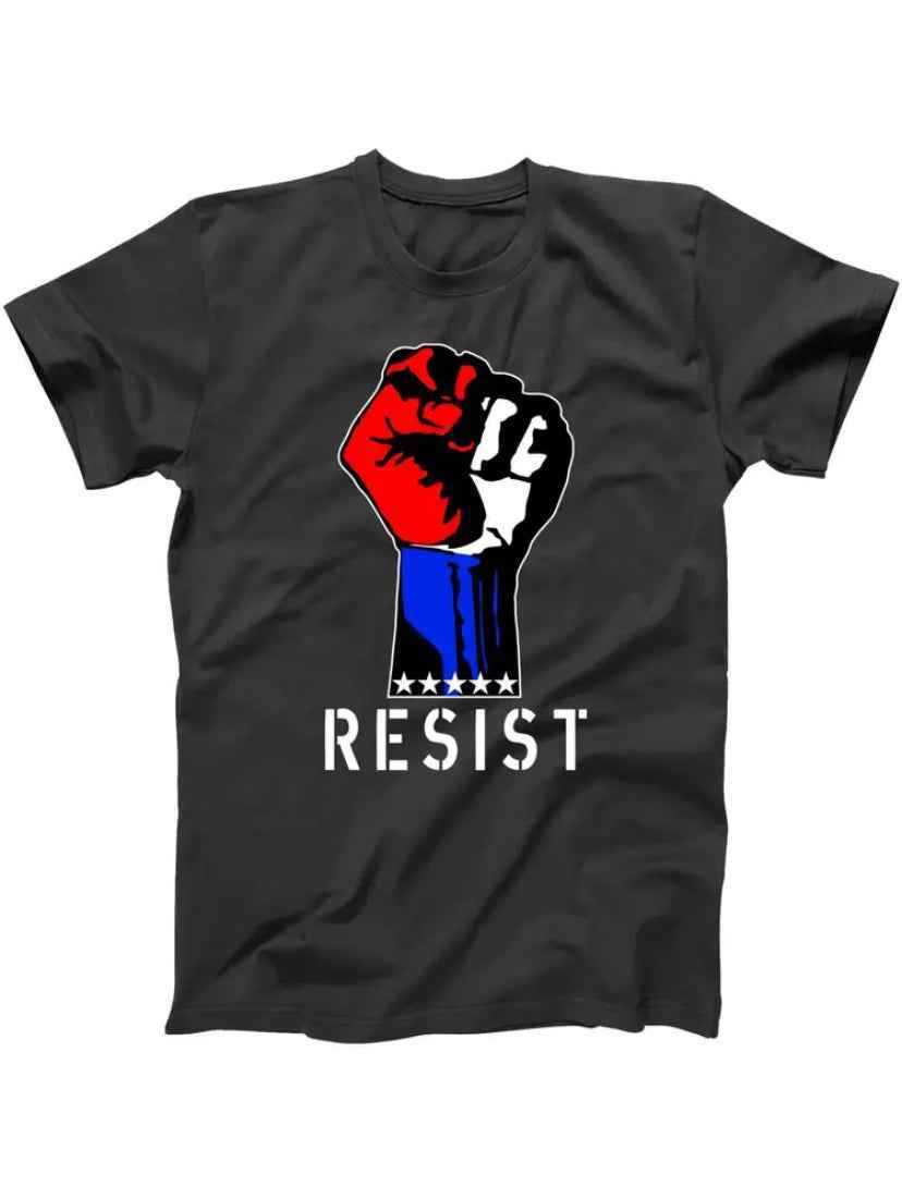 Resist Black T-Shirt With a Red, White And Blue Upraised Fist