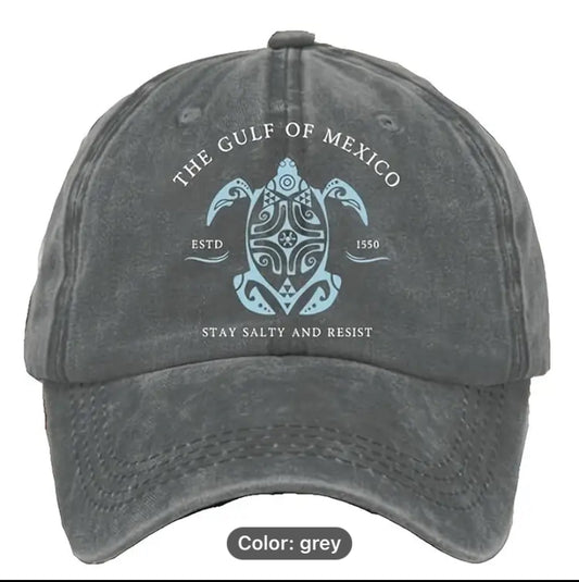 Medium Gray Base Ball Hat with a Turquoise Sea TurtlE "The Gulf Of Mexico" "Estd 1550" "Stay Salty And Resist" - Grab Them By The Midterms
