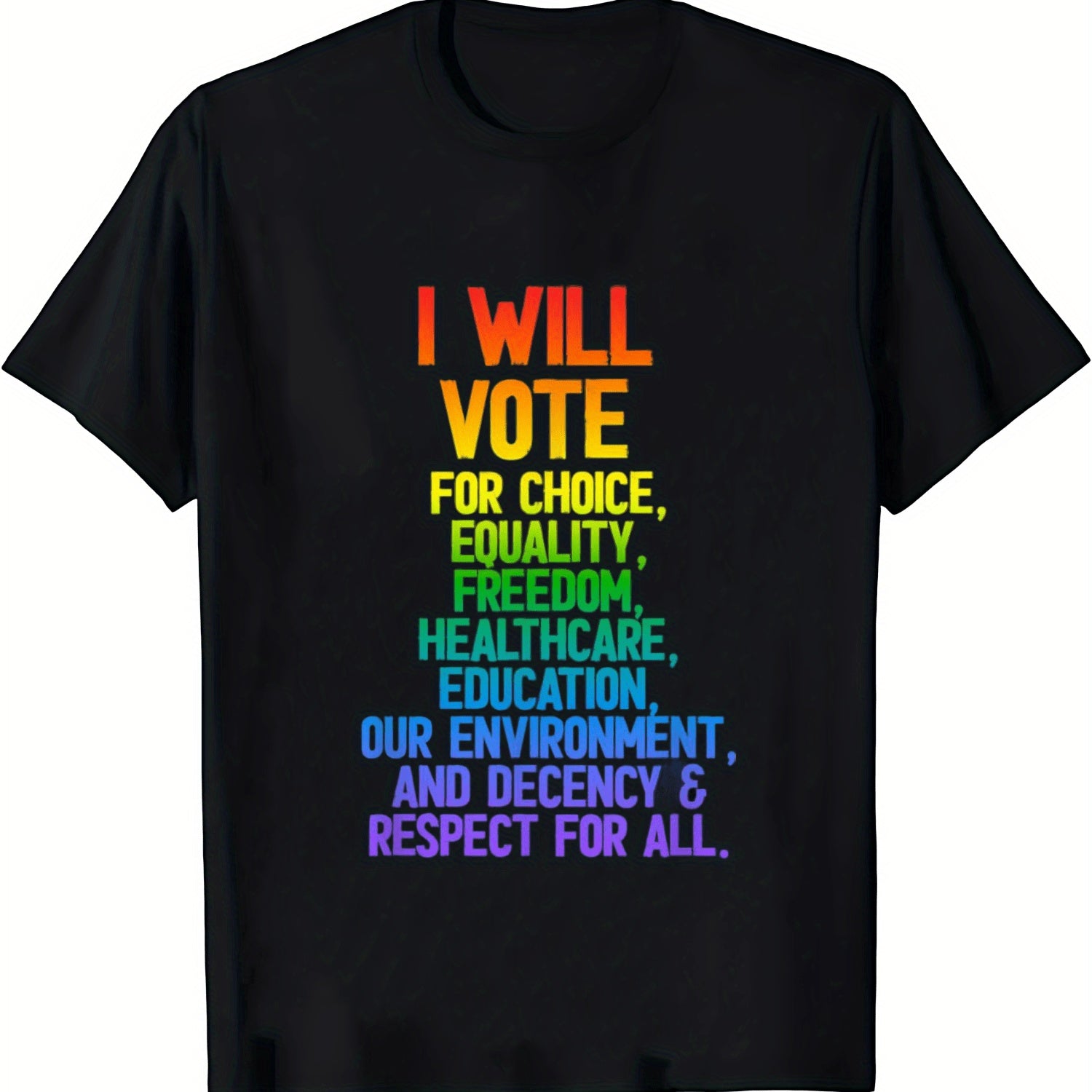 Black t-shirt with colorful text 