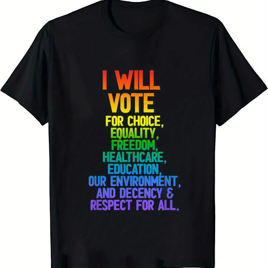 Black t-shirt with colorful text 